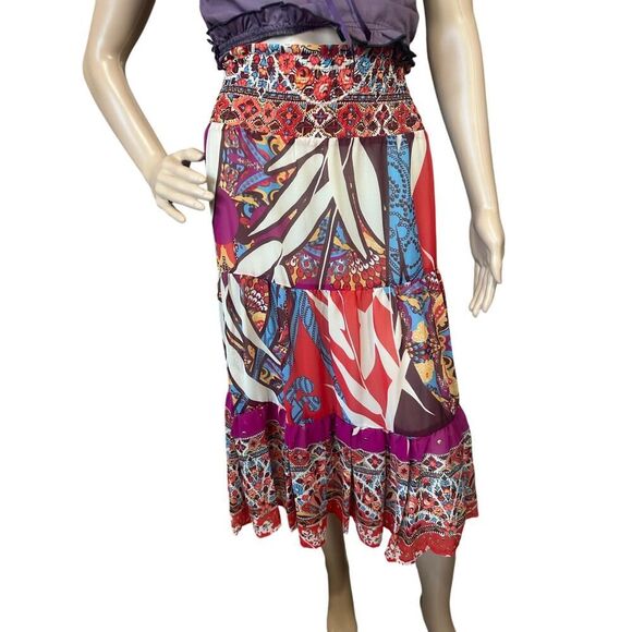 Cache BOHO Tiered Gypsy Festival Colorful Beaded Smock Waist Midi Skirt SZ Large - Picture 2 of 14